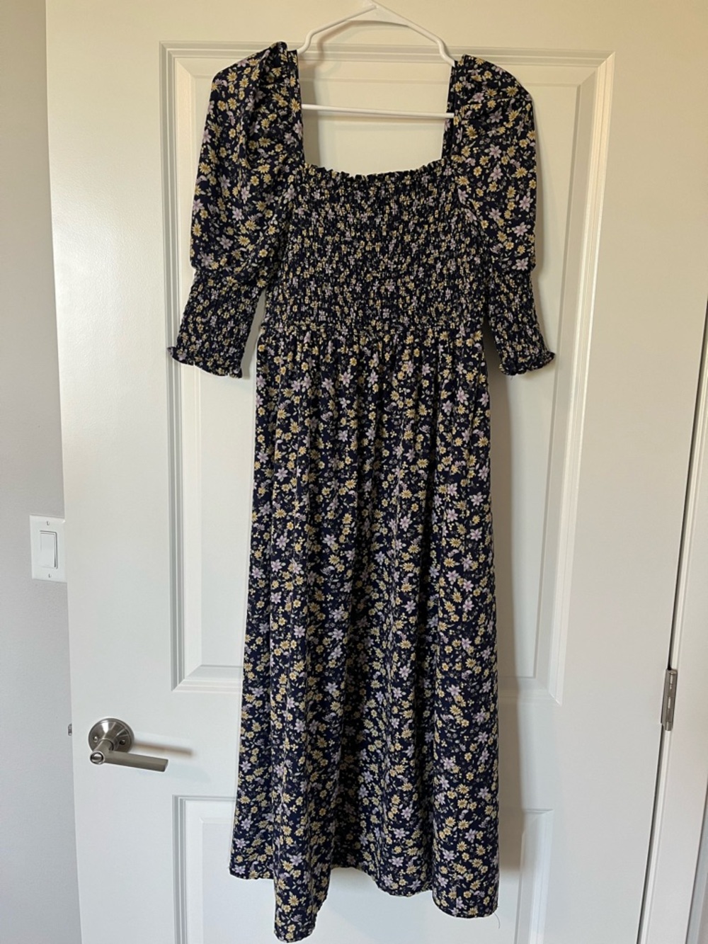 Navy blue floral midi dress, size M.